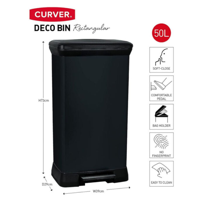 Curver50Lslimrectanglepedalbinlargewastebinofficesgplasticblack