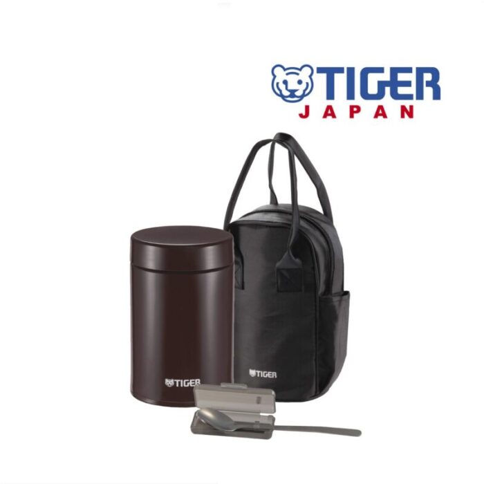 tiger double stainless steel thermal food jar with ssteel spoon and pouch 750ml cocoa mcj a075 t 231005101734